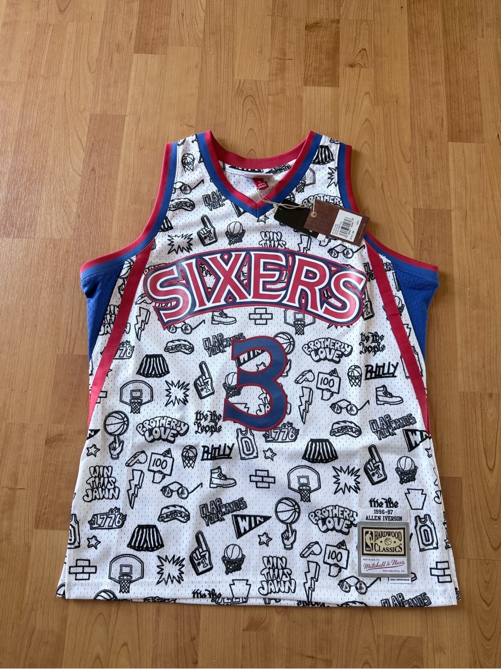 Mitchell & Ness Philadelphia Sixers Doodle Graphic Jersey - White, Red, Blue